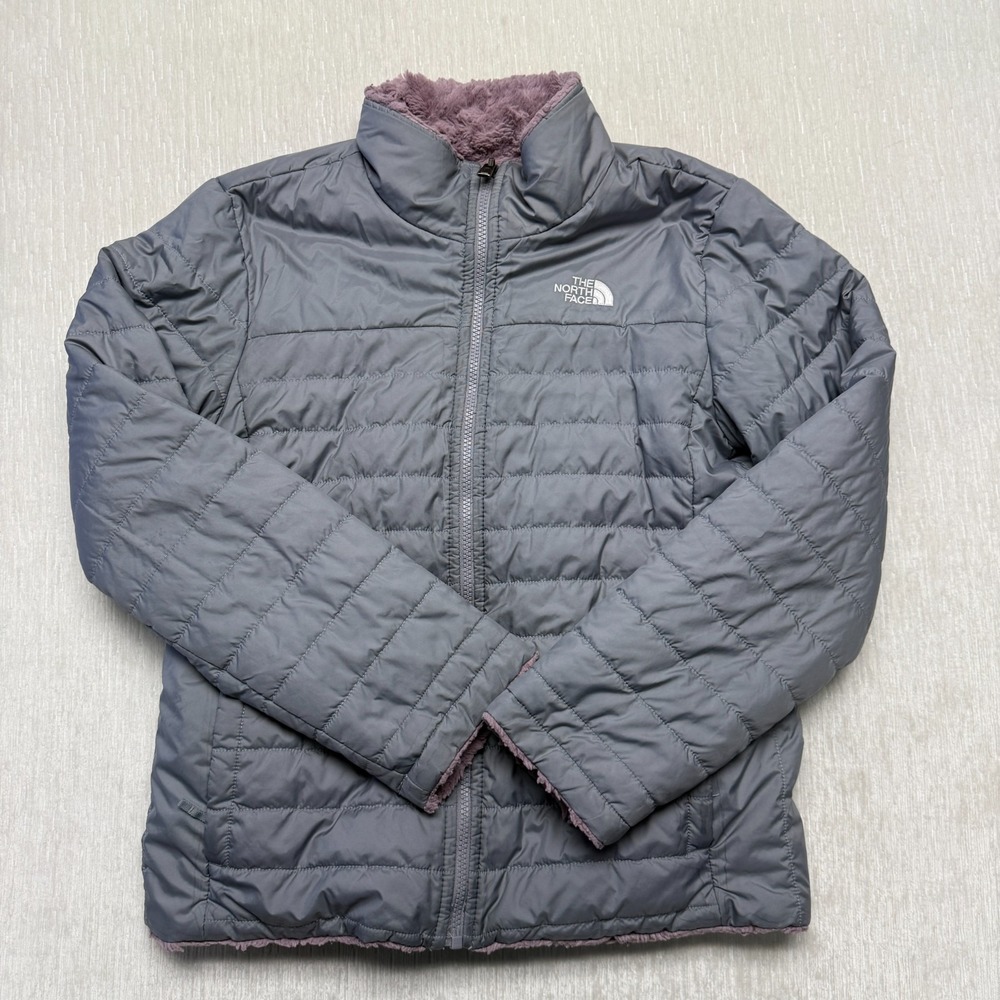 North Face Puffer Jacket Girls XL (18) Gray Pink Sherpa Lined Girly Outdoors